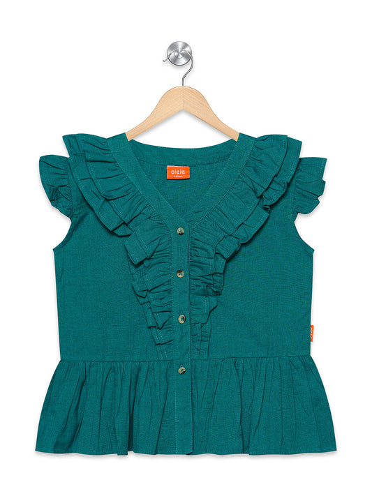 Olele® Girls Victoria Ruffle Top - Pure Teal Mill Made Cotton