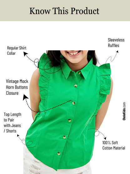 Olele® Girls Regina Ruffle Sleeveless Cotton Shirt - Forest Green