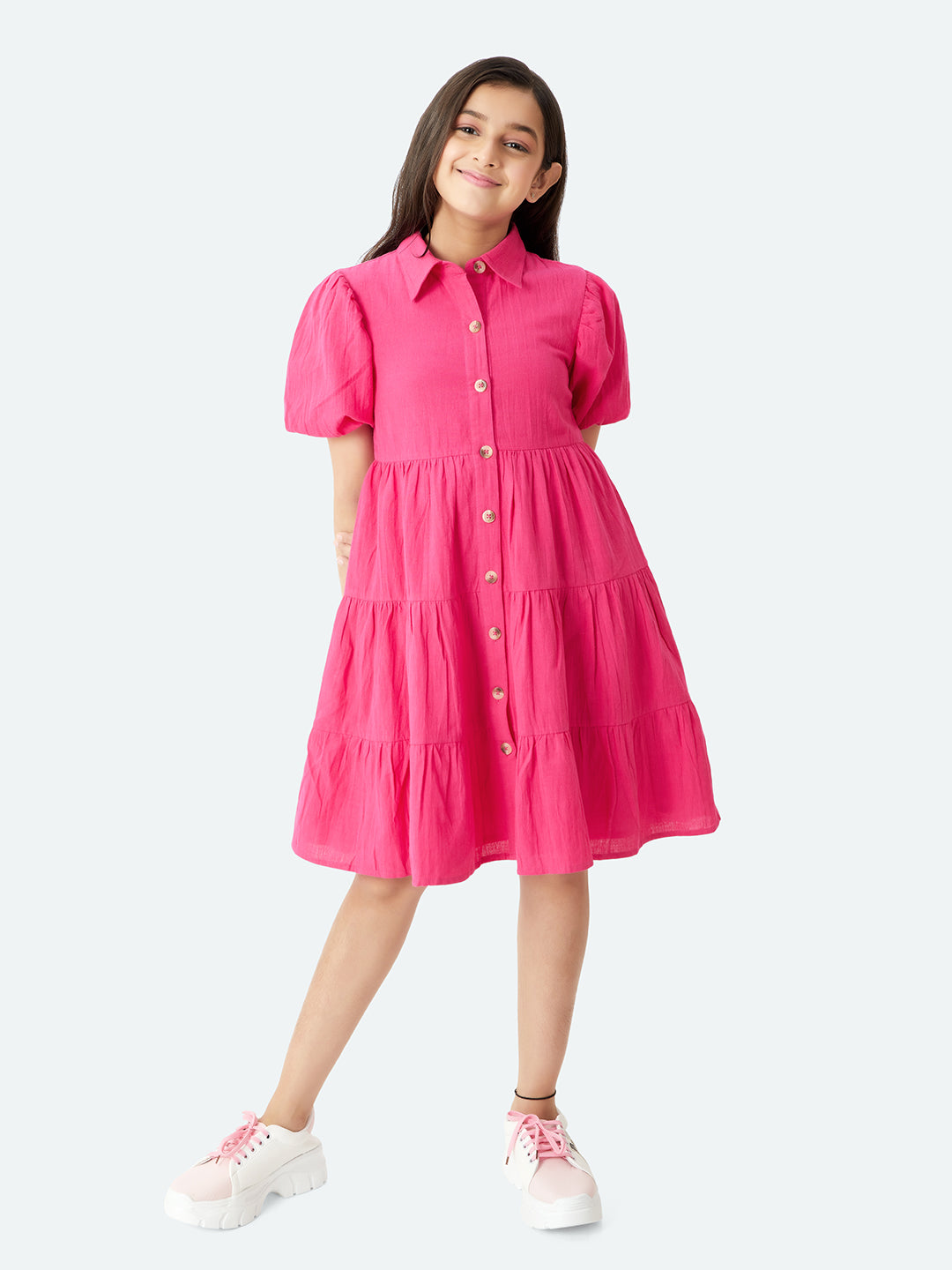 Olele Girls Lucy Shirt Dress Cotton Linen Hot Pink
