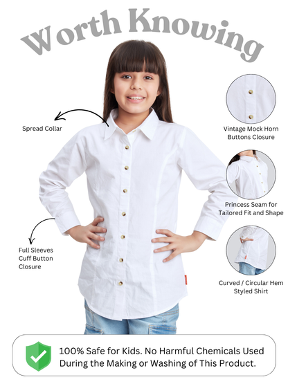 Olele® Girls Whitney White Full Sleeves Button Down Cotton Shirt